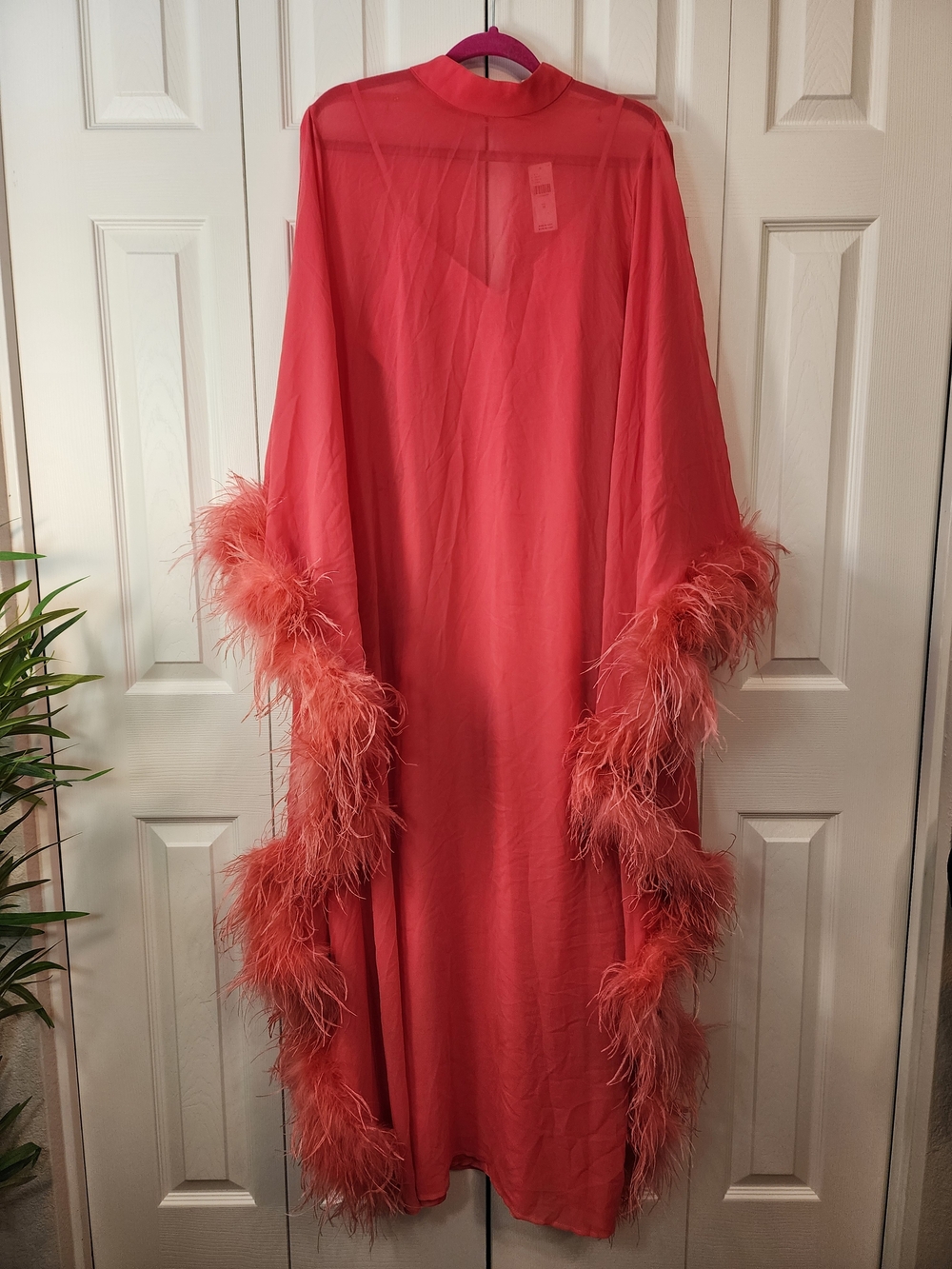 HUTCH Feathered Cuff Satin Kaftan Pink Maxi Dress Anthropologie Medium M NWT